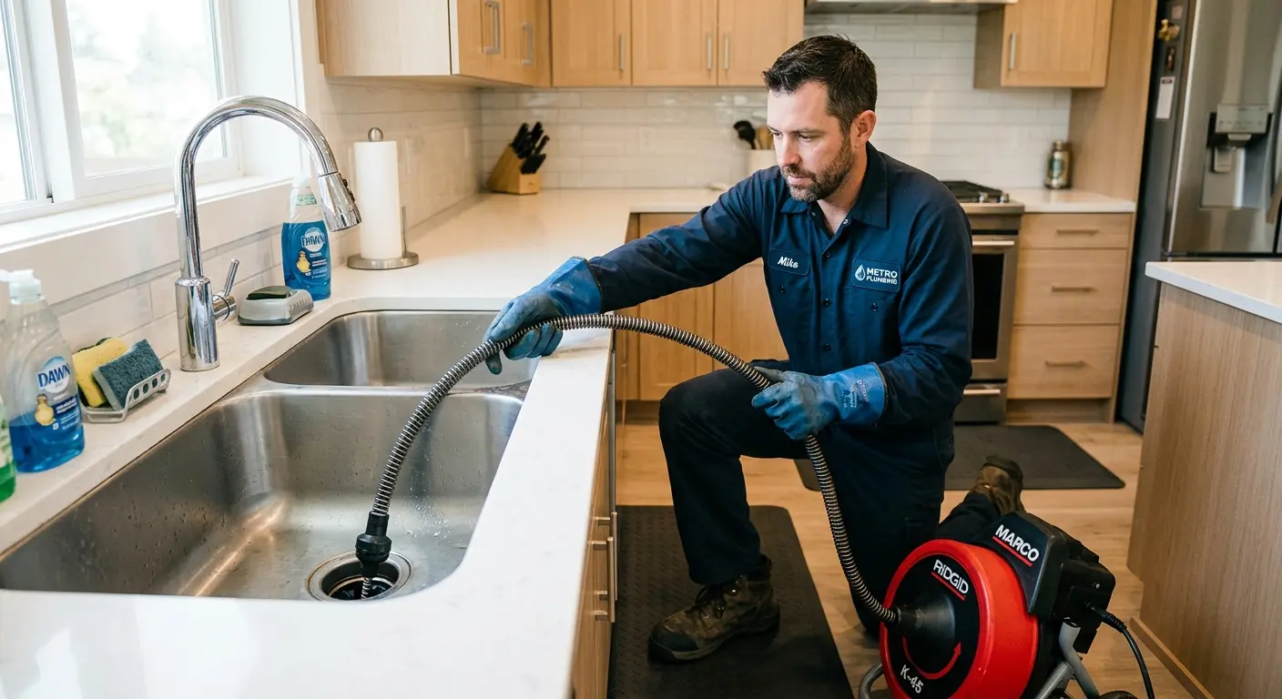 Drain cleaning technician using a motorized snake on a kitchen sink in Keene