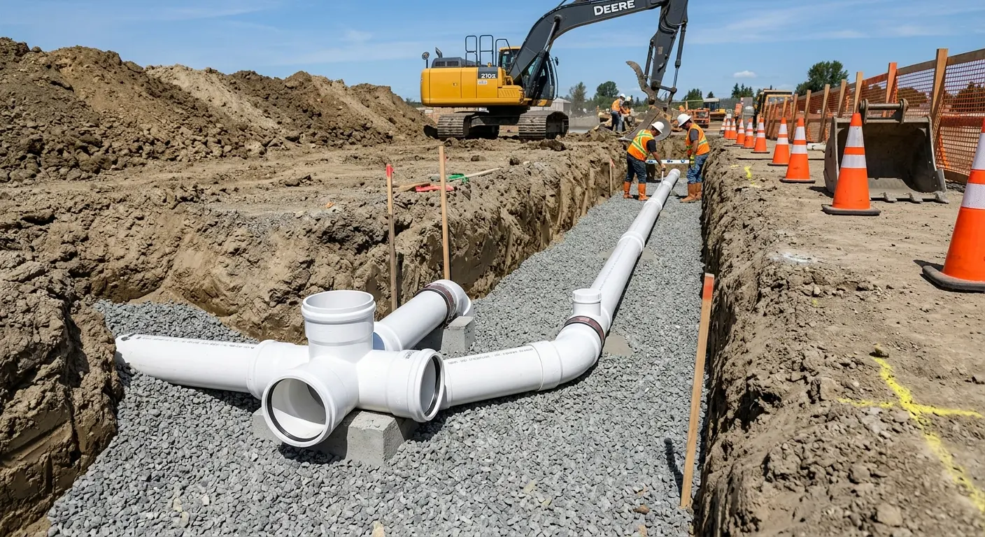 New PVC sewer pipe installation in open trench for Sewer Backup in Keene