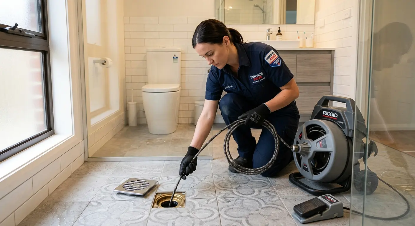 Technician clearing a bathroom floor drain for Clogged Drain Repair in Keene